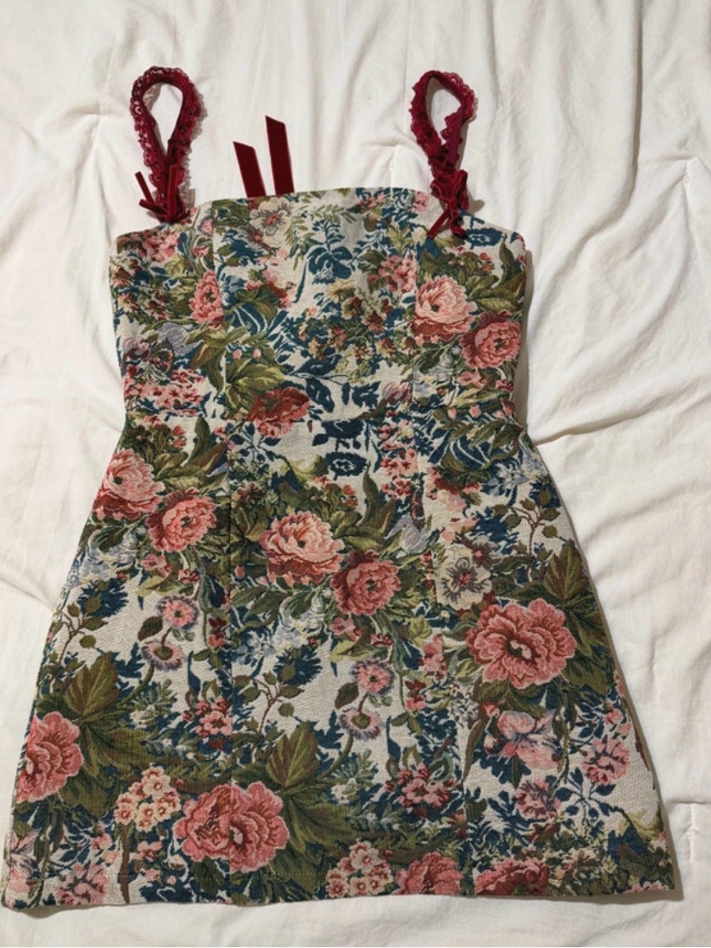 Lulu's Cream and Burgundy Lace-Trim Dress